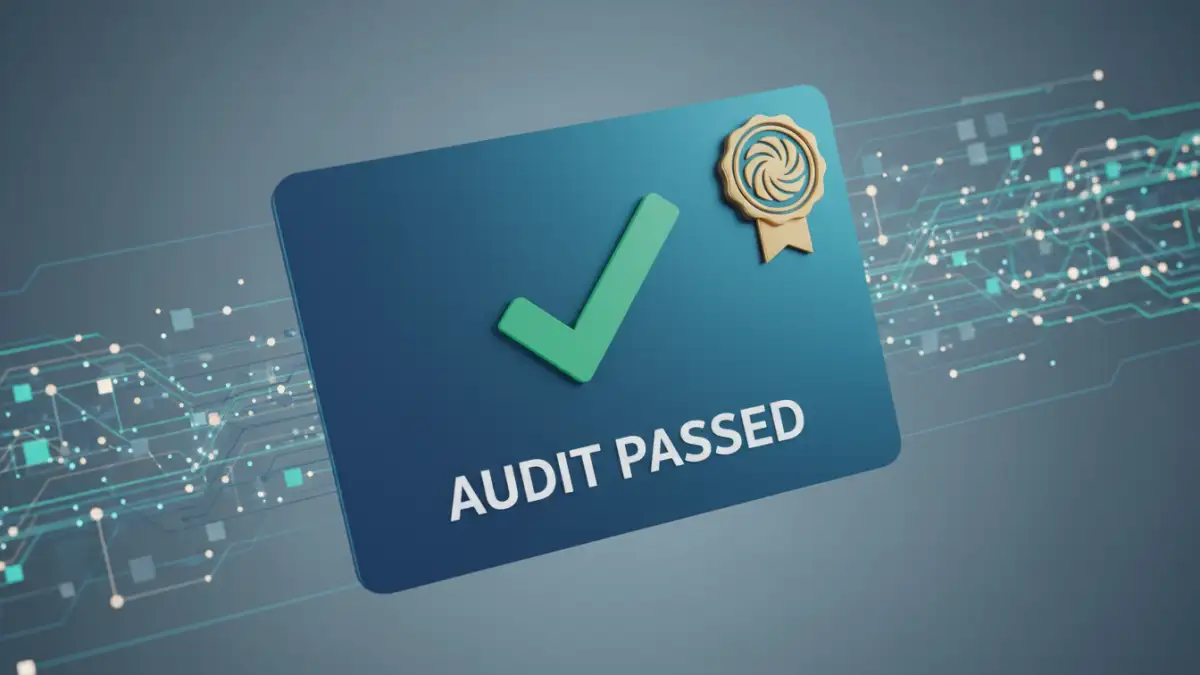document encryption success A digital certificate showing a successful security audit, representing document encryption success.