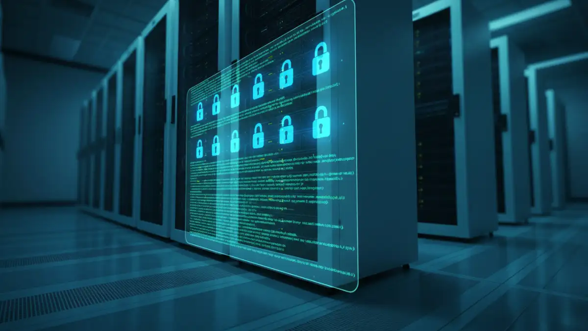document encryption success document encryption success - A server rack with a digital overlay showing encryption and security logs for a data audit.