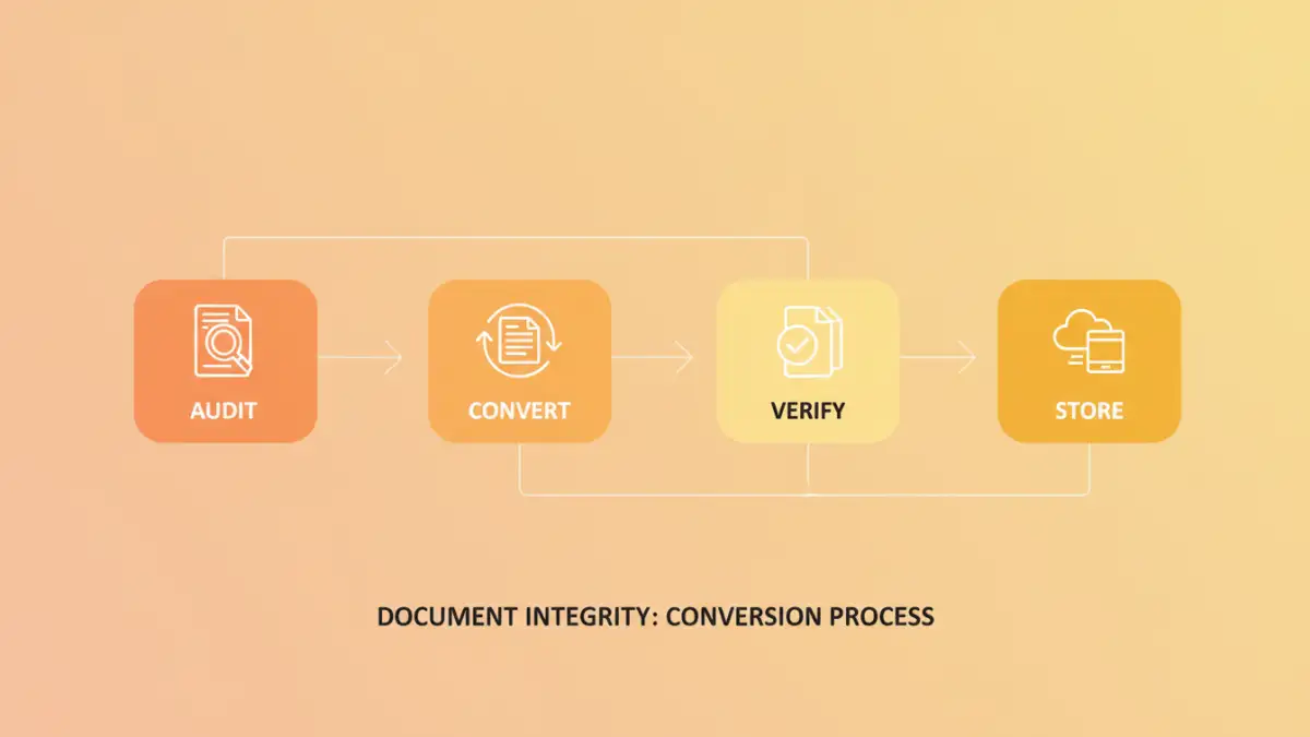 Infographic outlining steps for document integrity preservation during archive conversion
