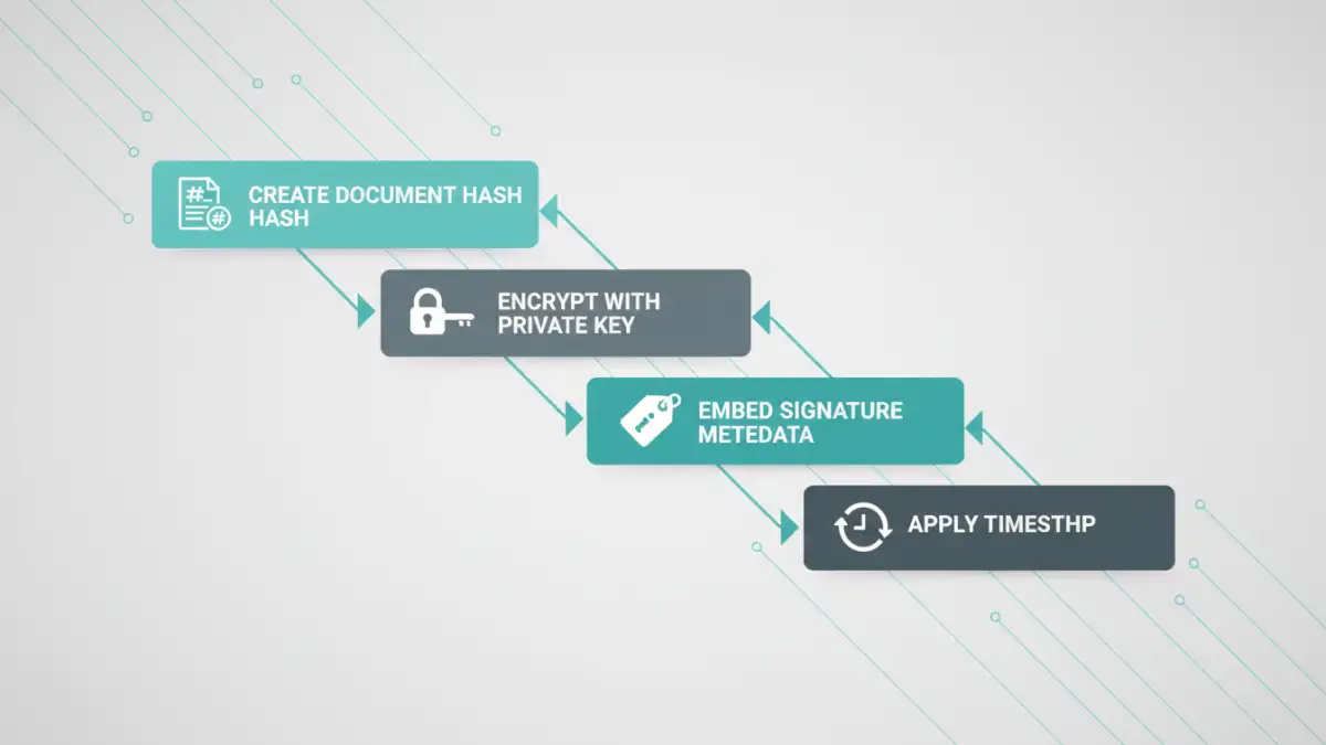 document metadata digital signature document metadata digital signature - Infographic flowchart explaining the steps of creating a digital signature and timestamp.