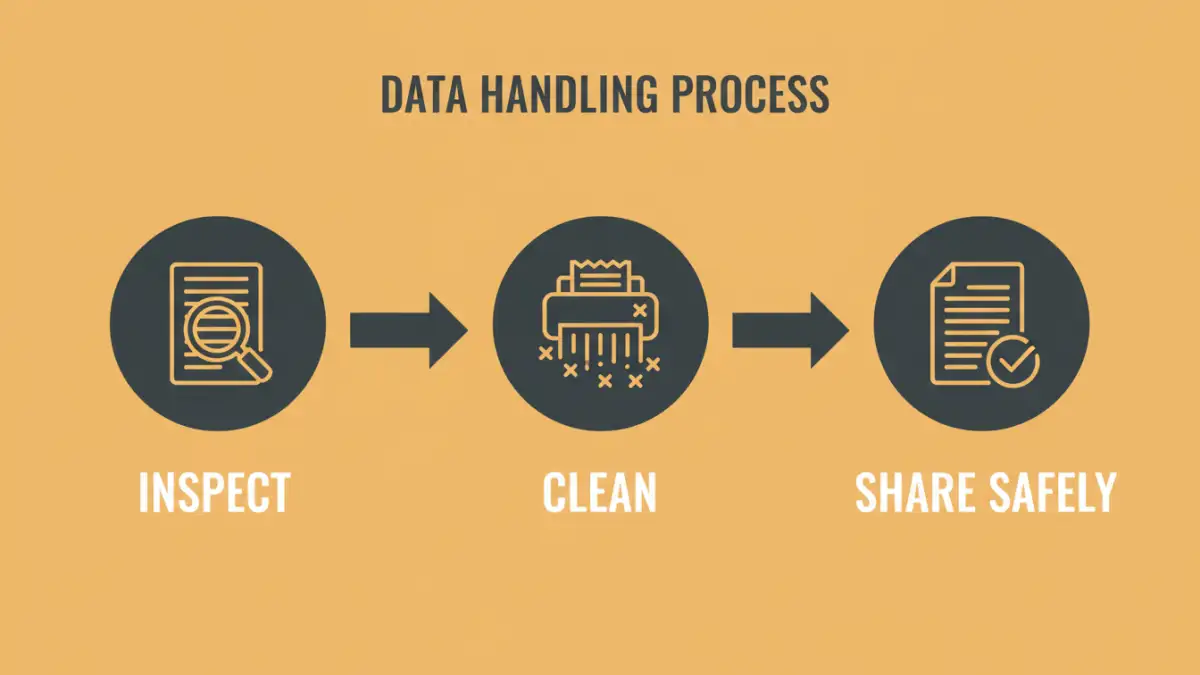 A three-step infographic on how to achieve document metadata security: inspect, clean, and share.