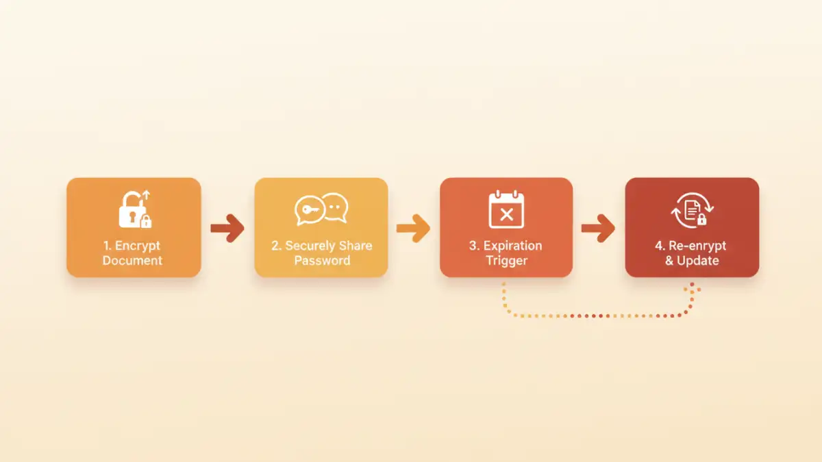 document password expiration policy - Infographic flowchart showing the four key stages of a document password expiration lifecycle.
