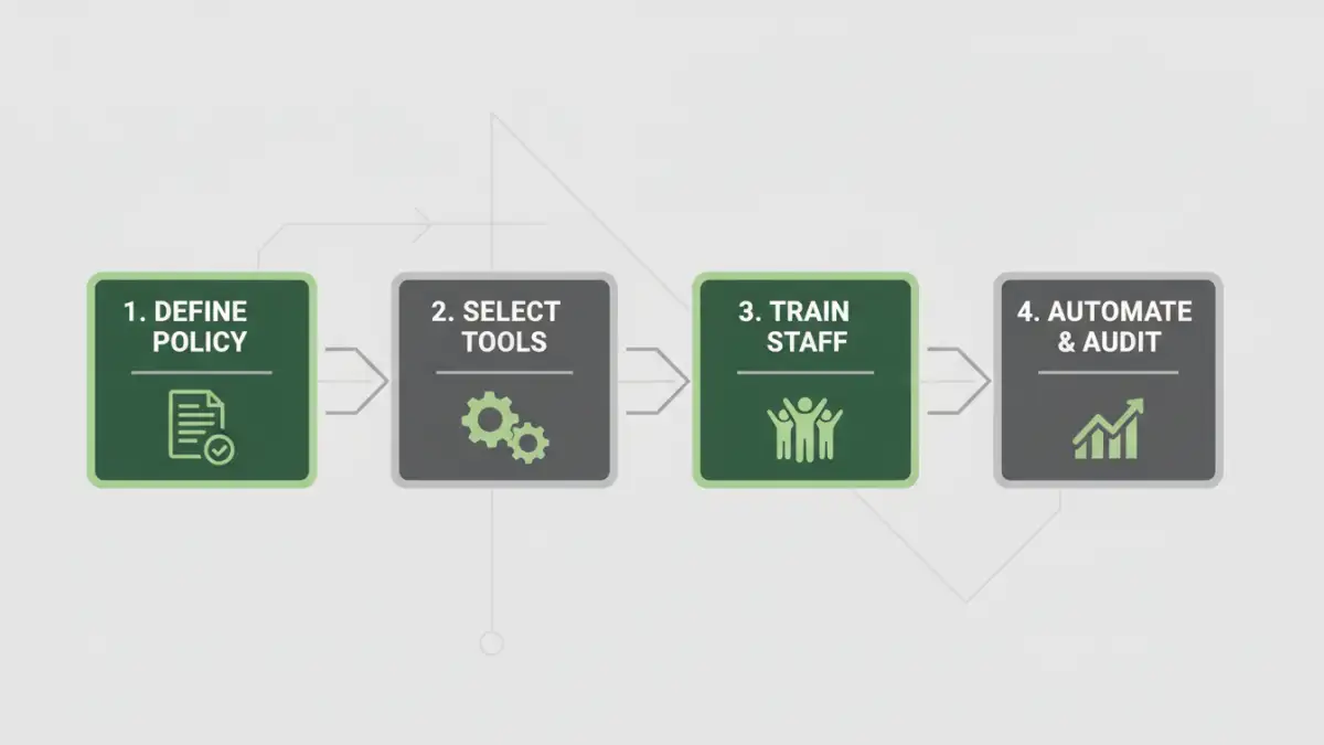 document password policy Infographic showing the four key steps to implementing a document password policy.