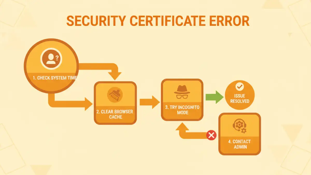 document portal security error document portal security error - Infographic flowchart showing user steps to fix an SSL certificate error.