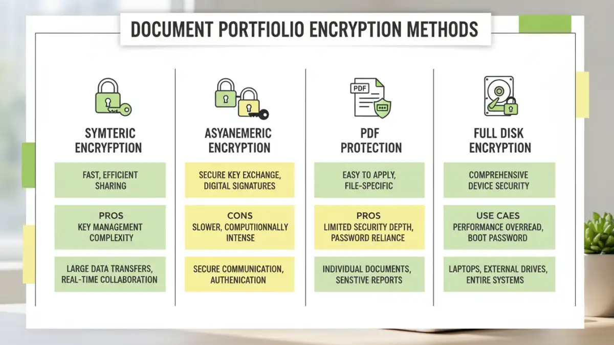 document portfolio encryption choice - Infographic comparing encryption methods for document portfolios.
