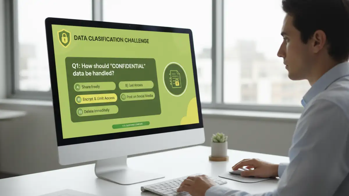 document protection culture - An employee engaging with an interactive security training module on their computer.