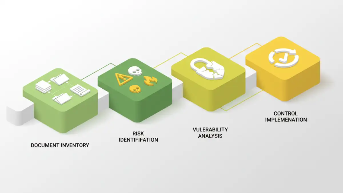 document safety assessment Isometric infographic illustrating the steps of a document safety assessment.