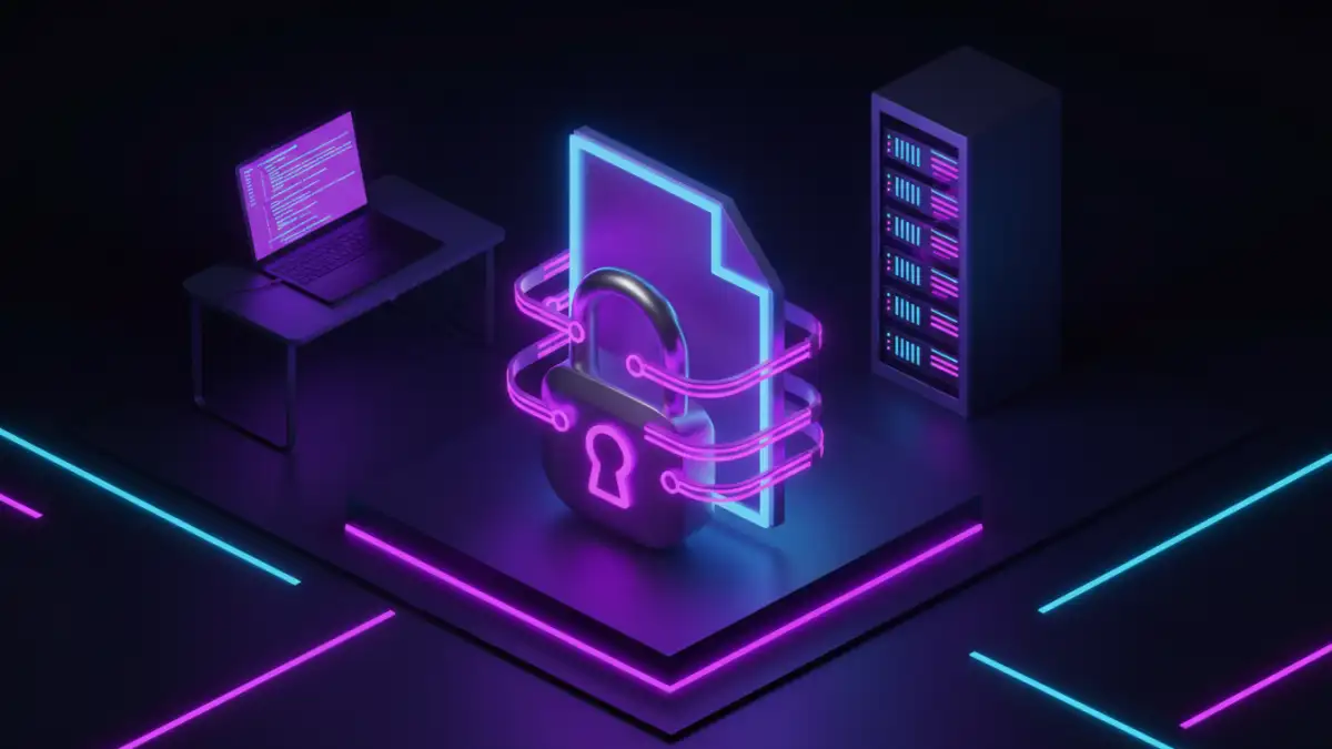 document safety checklist - 3D isometric view of a file being encrypted with a secure lock icon.