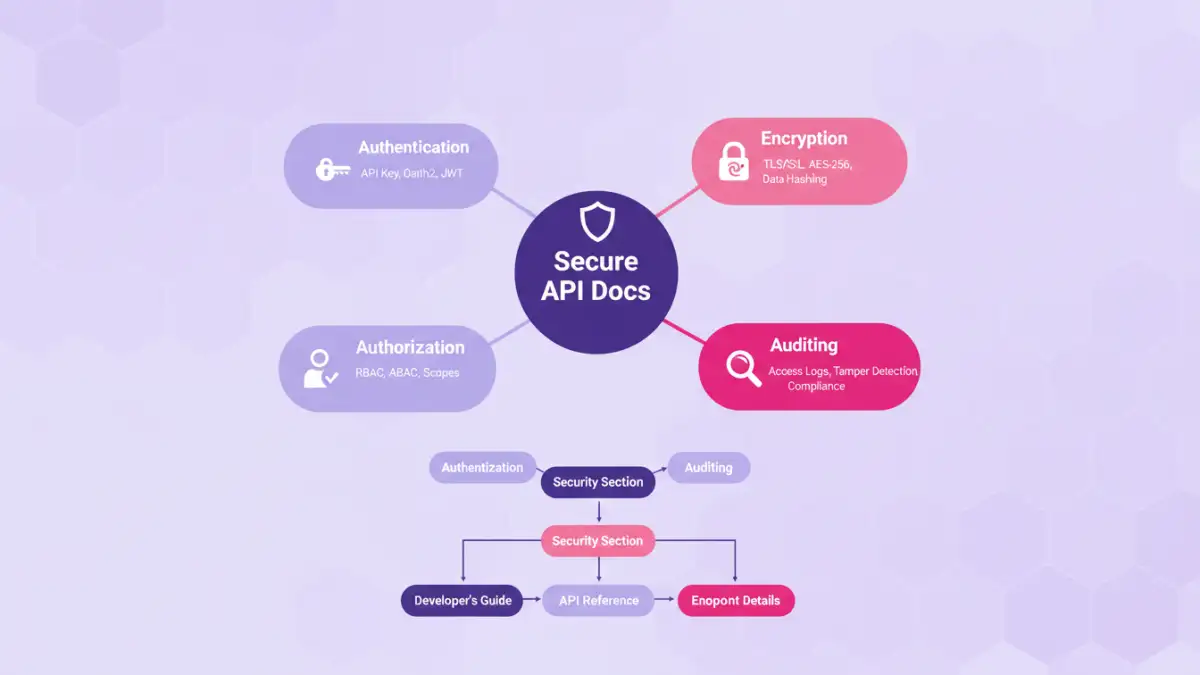 document security api documentation - Infographic detailing the essential components of secure API documentation