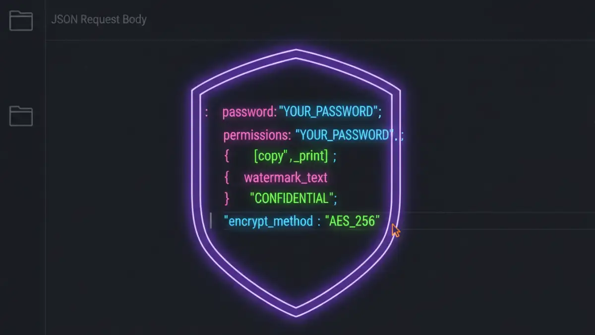 document security api - A code snippet showing a JSON payload for a PDF encryption API.