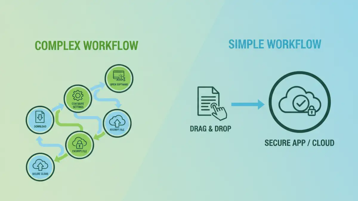 document security apps Visual comparison of complex versus simple workflows for document security apps.