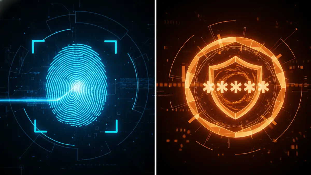 A comparison of a digital fingerprint and a password shield, representing document security biometrics vs passwords.