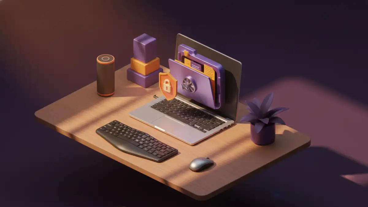 document security checklist - A 3D illustration of a user securing a digital file in an encrypted vault folder on their computer.