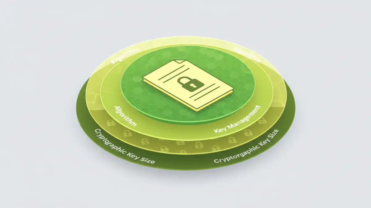 document security encryption - Illustration of a layered security shield protecting a document, symbolizing comprehensive file protection strength.