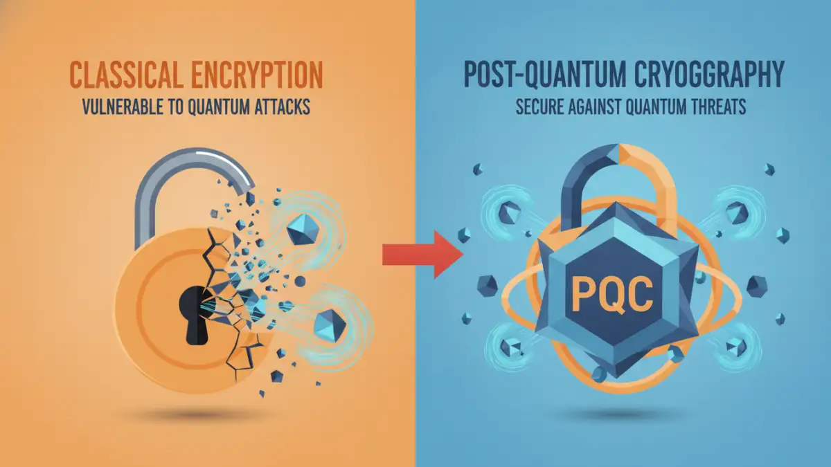 document security encryption document security encryption - Infographic comparing classical encryption vulnerability to quantum threats with post-quantum cryptography solutions.