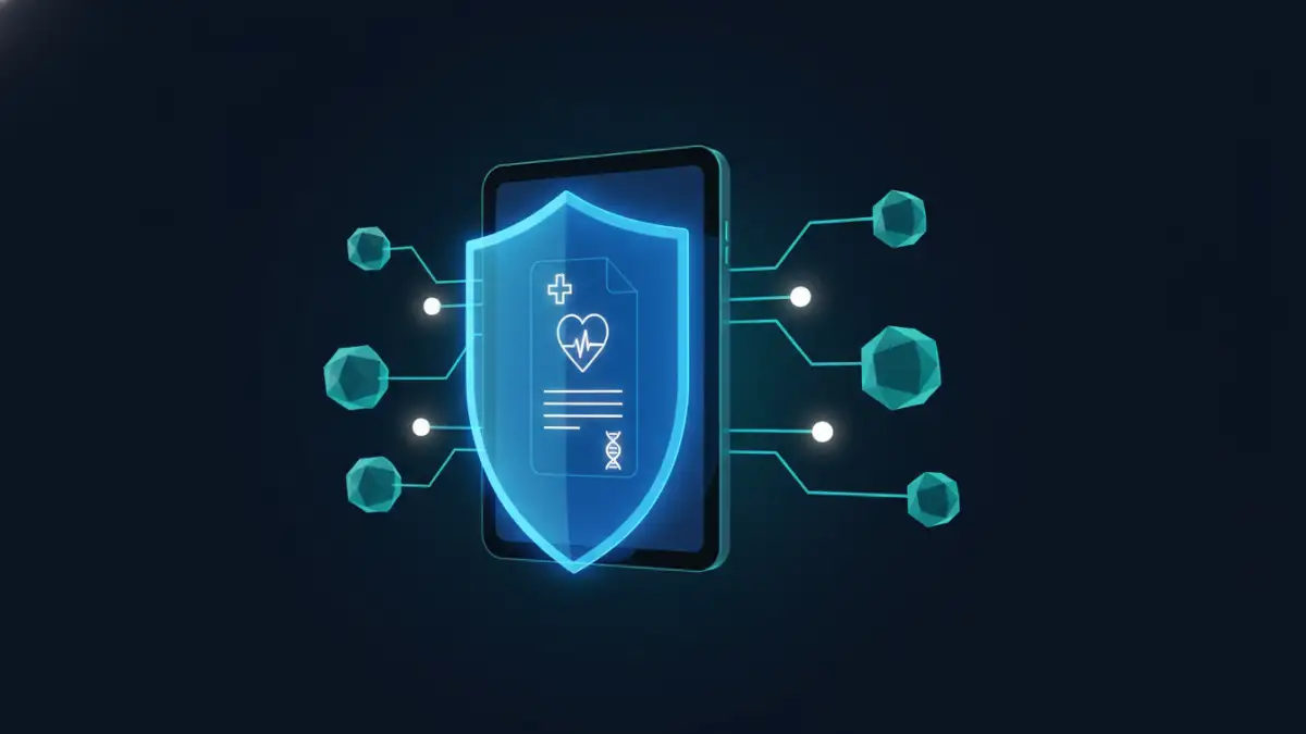 A digital medical document protected by a security shield, representing document security for HIPAA.