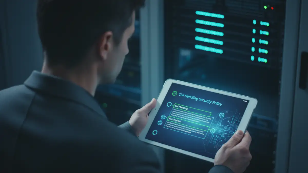 document security policy CMMC document security policy CMMC - A cybersecurity professional updating a document security policy to meet CMMC compliance requirements.