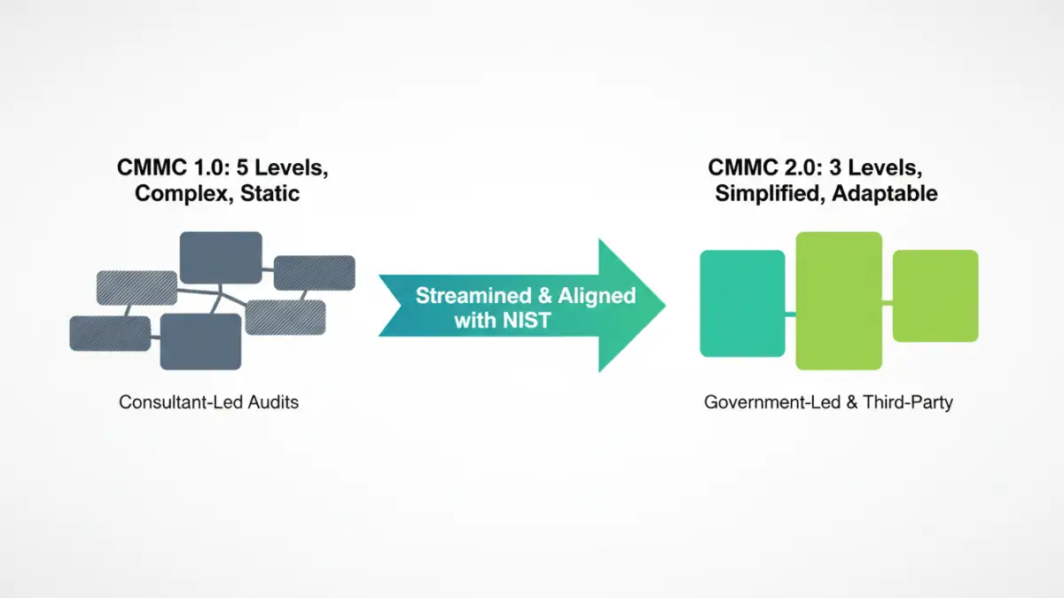 document security policy CMMC document security policy CMMC - Infographic comparing the complex five levels of CMMC 1.0 to the simplified three levels of CMMC 2.0.