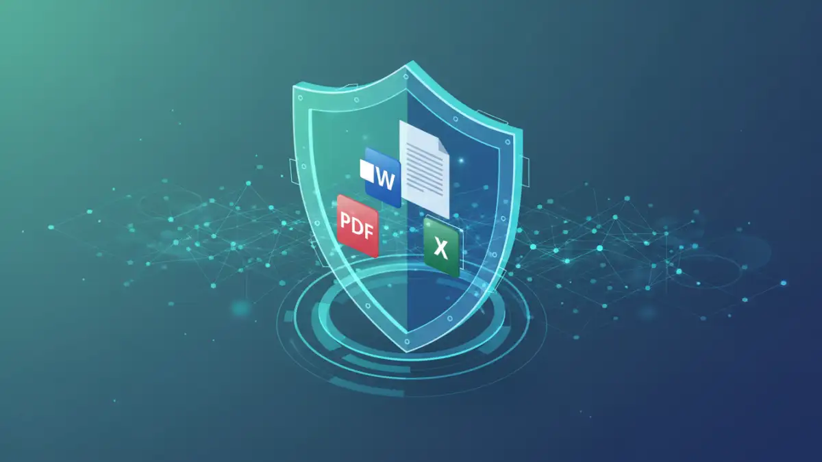 document security risks Abstract security shield protecting digital documents from document security risks