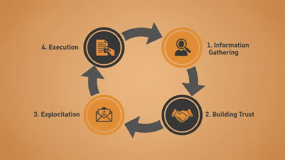 document security social engineering - Infographic detailing the four stages of a social engineering attack.