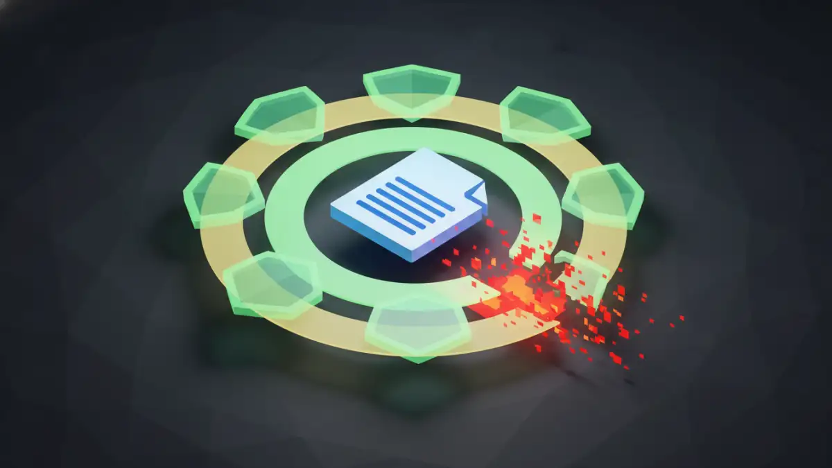 Abstract layered security visual depicting document security vulnerabilities and protection