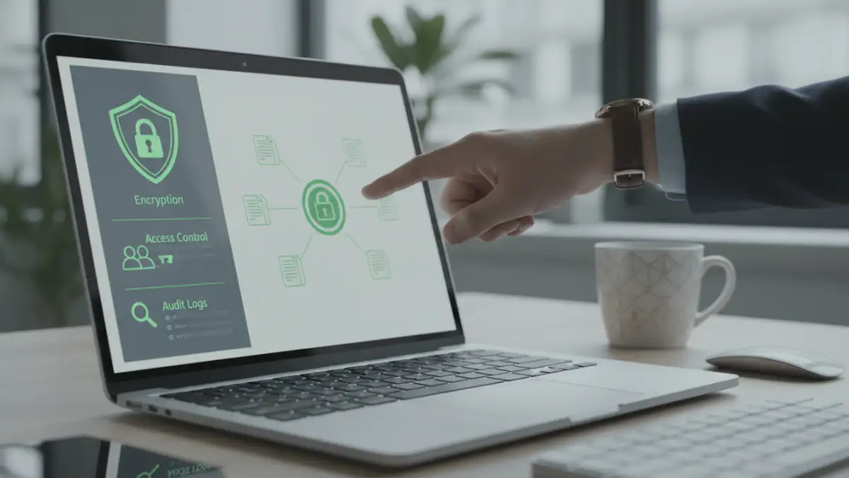 Laptop screen showing automated document security workflow dashboard