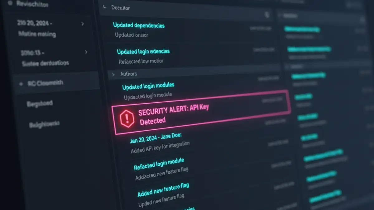 document version control security - An image of an audit log showing an automated security alert for an API key detected in a file's revision history.