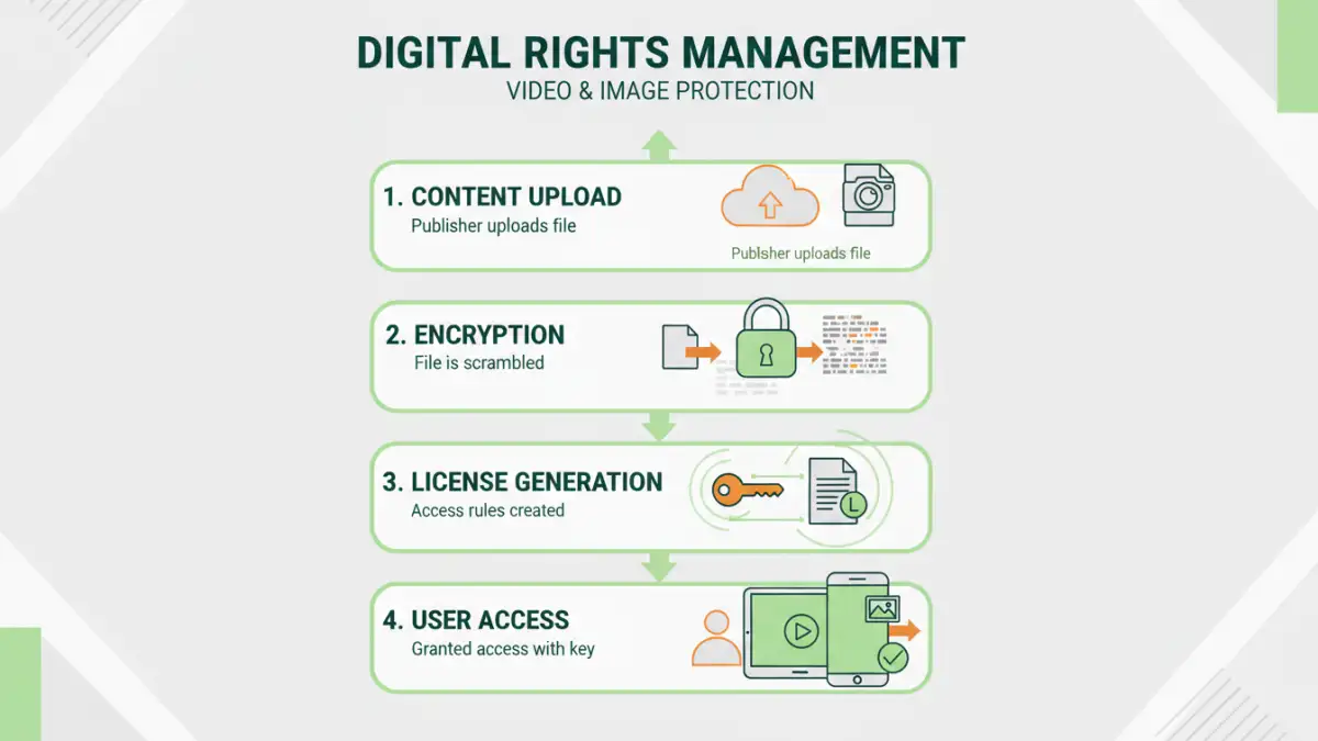 DRM image security - Infographic illustrating the process of DRM implementation for digital media