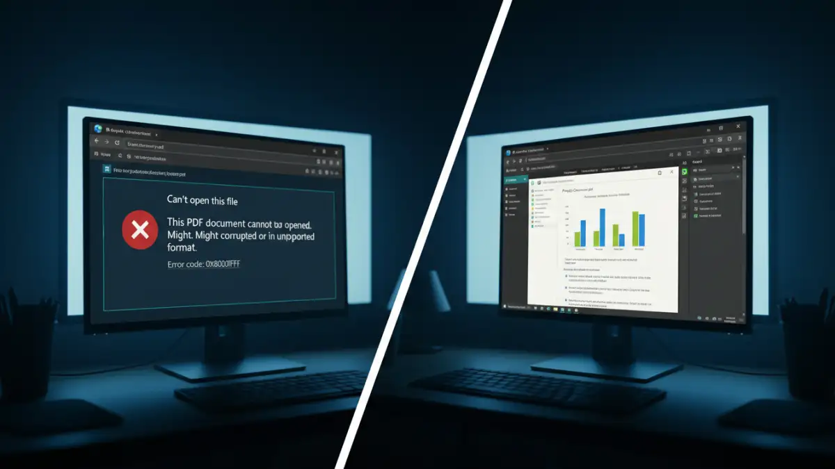 edge encrypted file error - Comparison of a PDF failing in Edge versus opening correctly in Adobe Reader.