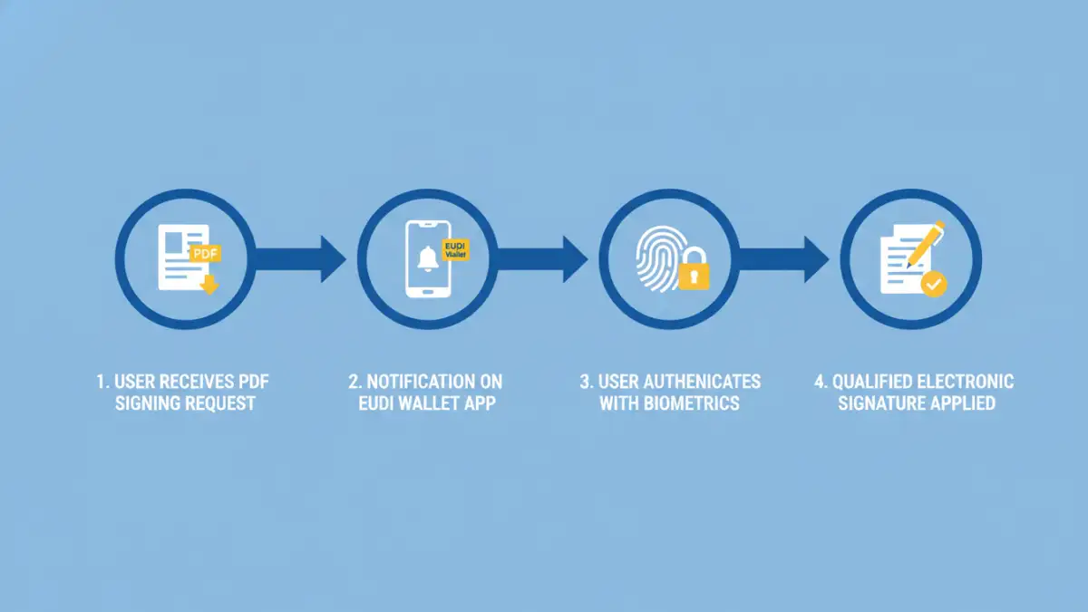 eidas pdf security - Infographic explaining the trusted document signing process with the EUDI Wallet under eIDAS 2.0.