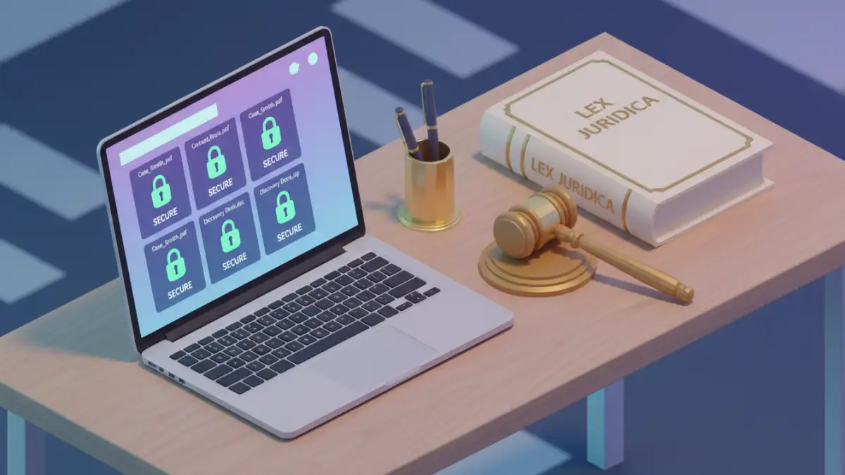 emailing legal documents security - A laptop on a lawyer's desk displaying a secure client portal for confidential document sharing.