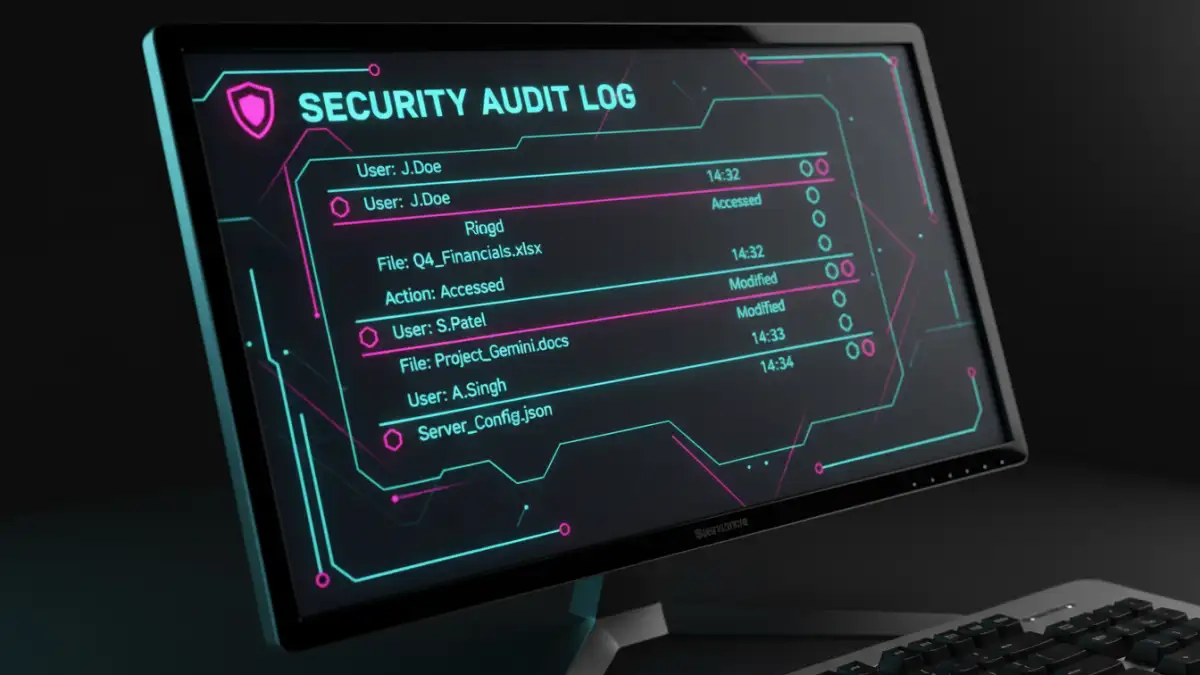 A stylized computer screen showing an audit log for data access monitoring as part of an employee document security system.