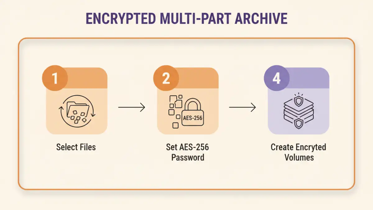 Educational infographic showing encrypt multi part archive process and key concepts