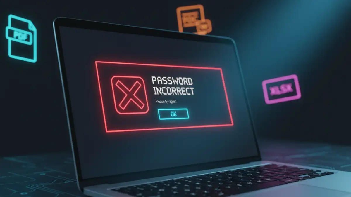 encrypted document errors encrypted document errors - Close-up of a laptop screen showing a password error message for an encrypted document.