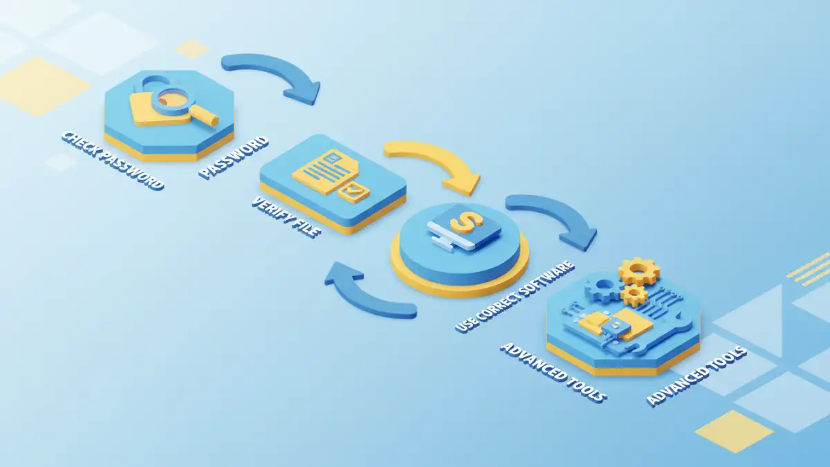 encrypted document errors Isometric infographic detailing steps to fix encrypted document errors.