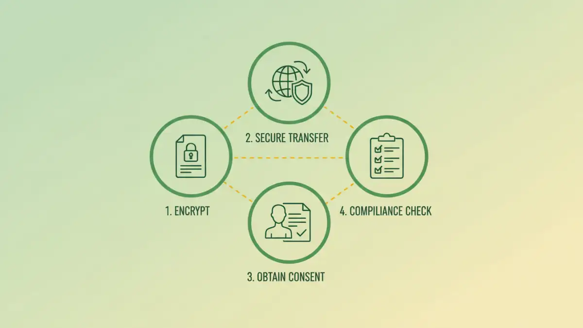 encrypted document sharing Infographic detailing GDPR compliant steps for encrypted document sharing, including consent and international transfer