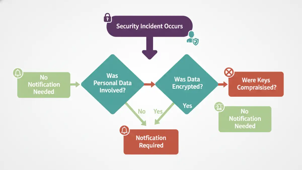 Flowchart showing the steps to determine if an encrypted files breach notification is required by law.