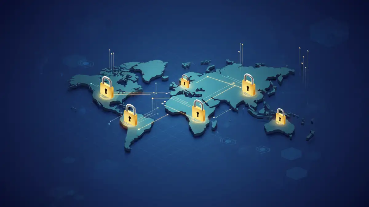 encrypted pdf transmissions - Global map with digital locks symbolizing secure international data transmission for encrypted PDFs.