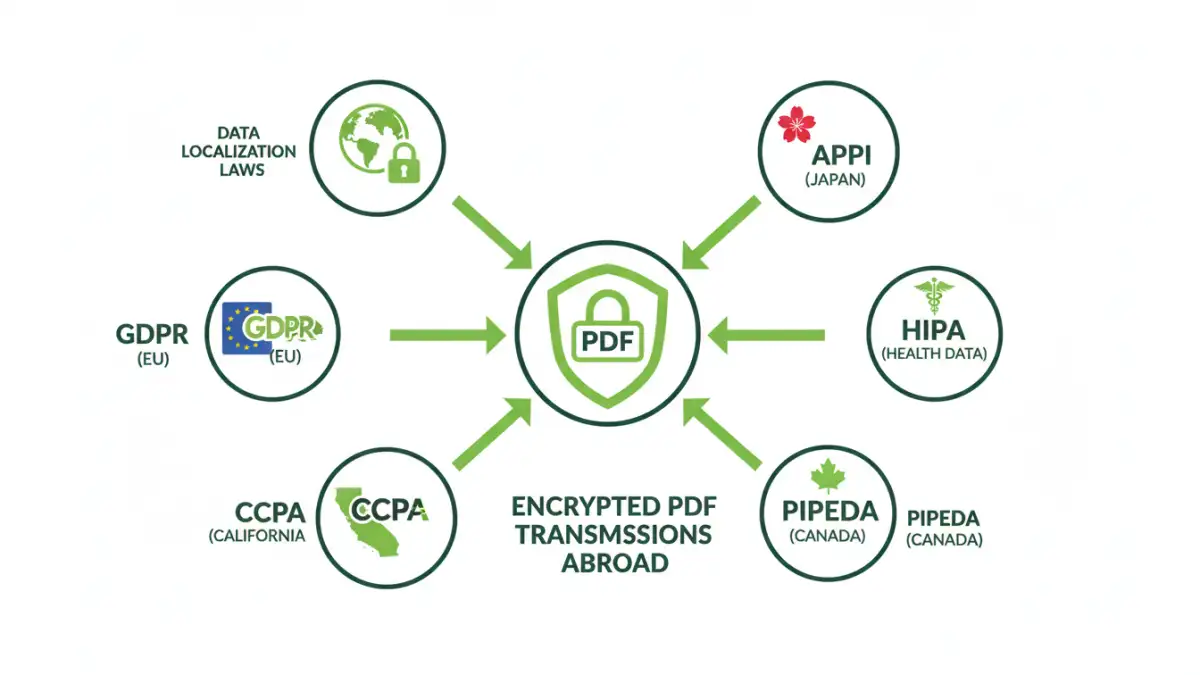 Infographic comparing major international data privacy laws and their impact on encrypted PDF transmissions.