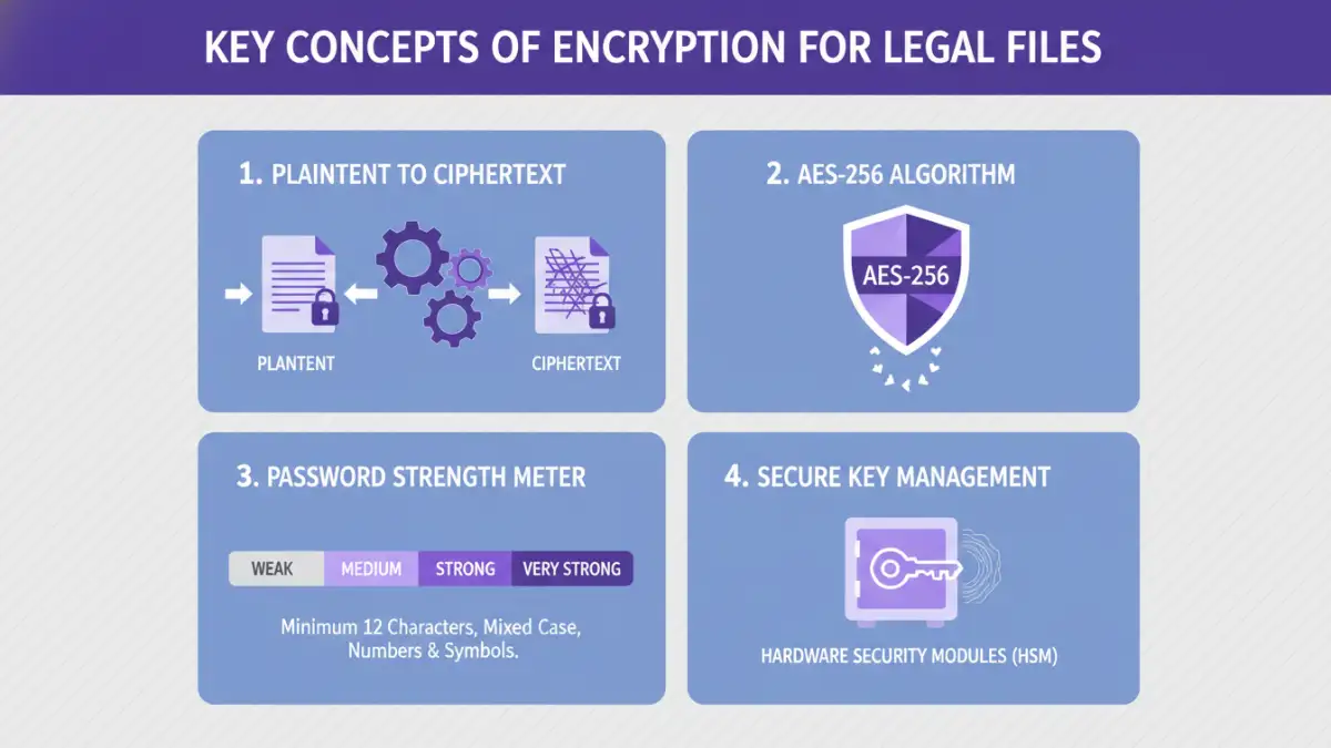 encryption legal files - Infographic illustrating key concepts of encryption for legal files