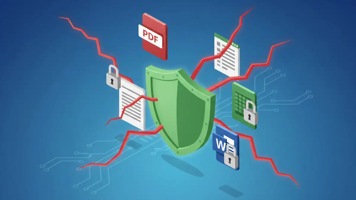 encryption risks Isometric illustration of documents with padlocks and glowing red risk lines, protected by a green shield on a blue circuit board background, representing encryption risks.