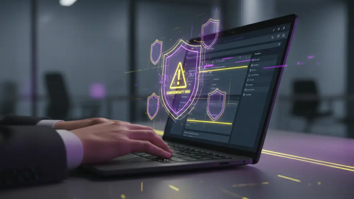 encryption risks encryption risks - Hand typing on a laptop, screen showing secure document sharing platform with abstract security shields and warning symbol, highlighting confidentiality risks.