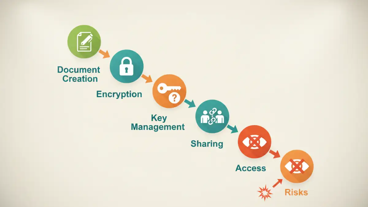 encryption risks Infographic detailing encryption risks workflow: creation, encryption, problematic key management, insecure sharing, and unauthorized access.