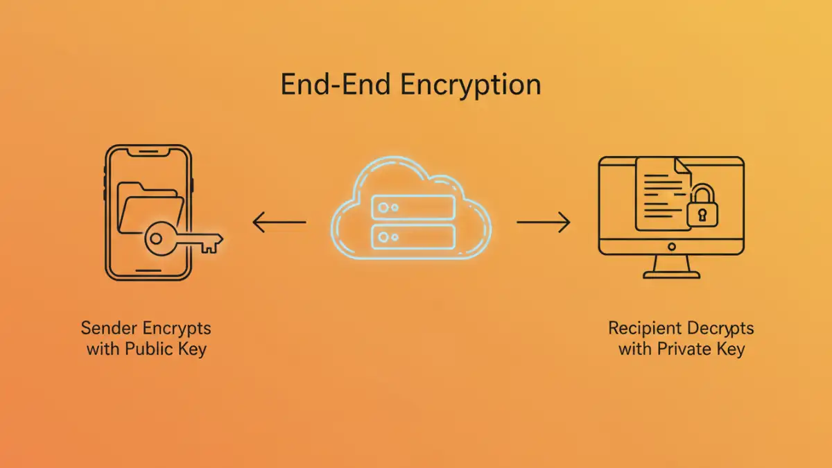 end to end file encryption - Infographic explaining the three main steps of an end-to-end encryption protocol.
