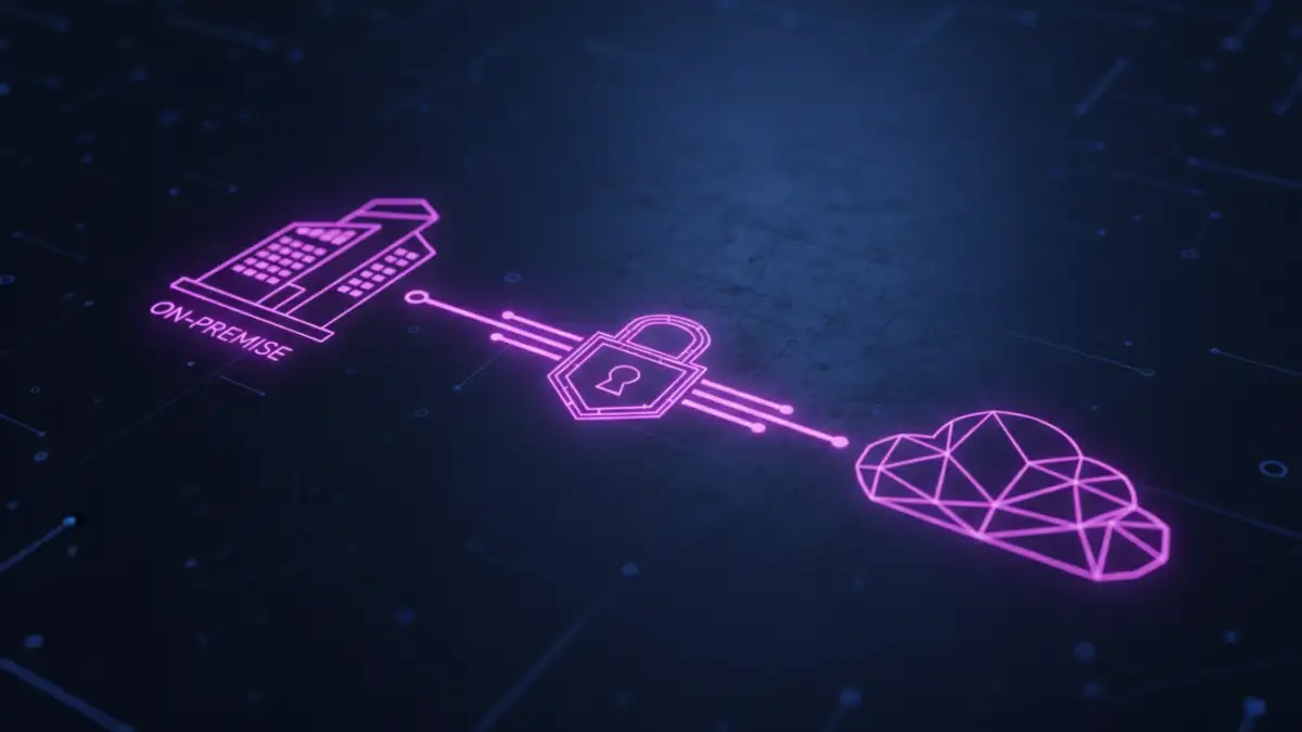 enterprise document security - An abstract visual of a hybrid document management system connecting on-premise and cloud storage securely.