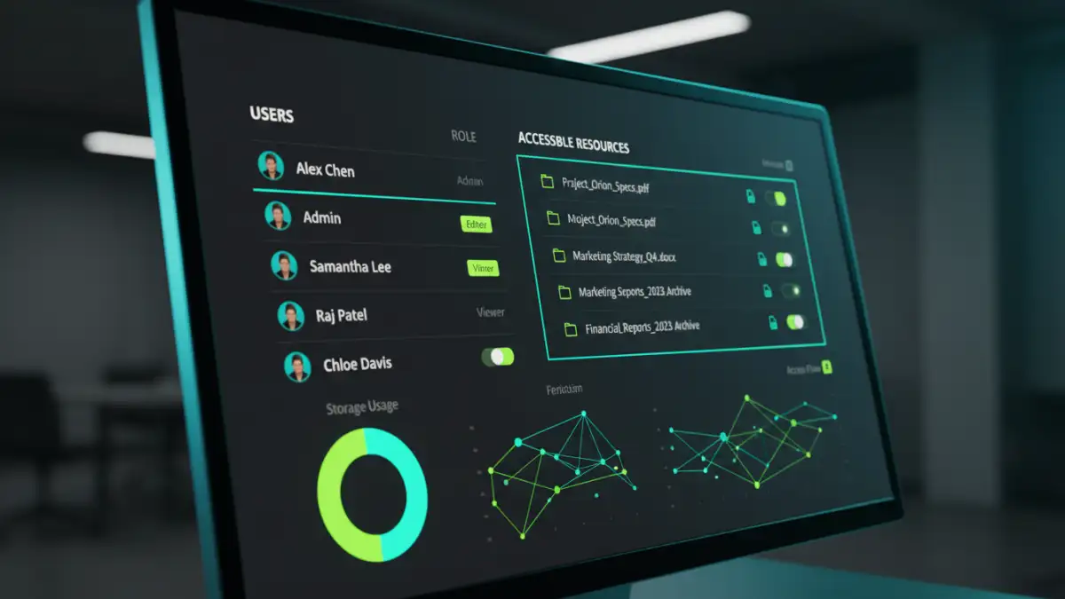 enterprise file access control - A dashboard interface for a document permission management system, showing users and roles.