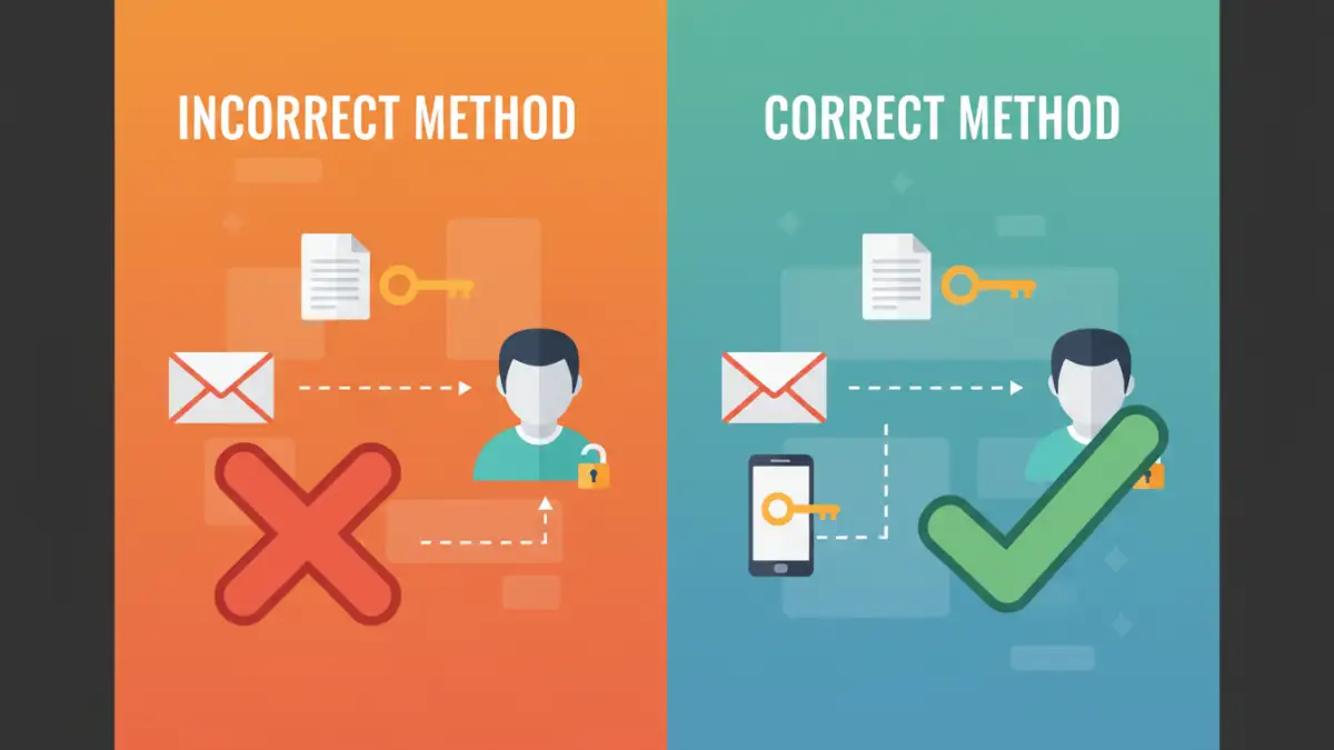 ethical document sharing - An infographic demonstrating the right and wrong ways to share an encrypted file and its password.