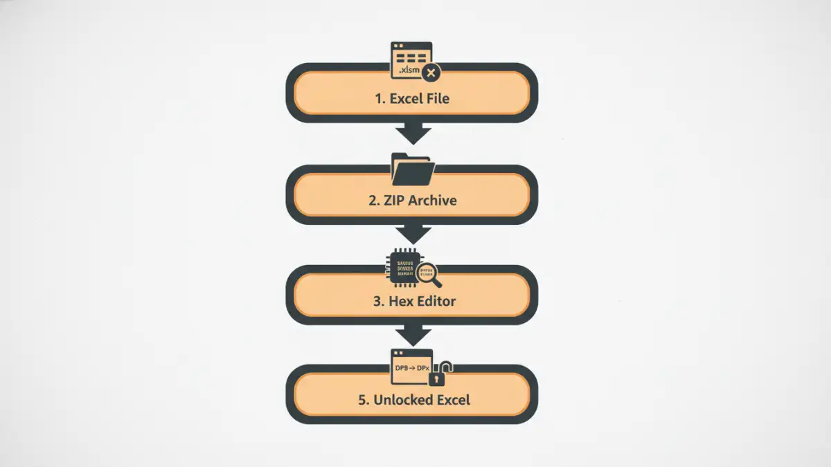 excel file vba password excel file vba password - Infographic showing the 5 steps to remove a VBA password.