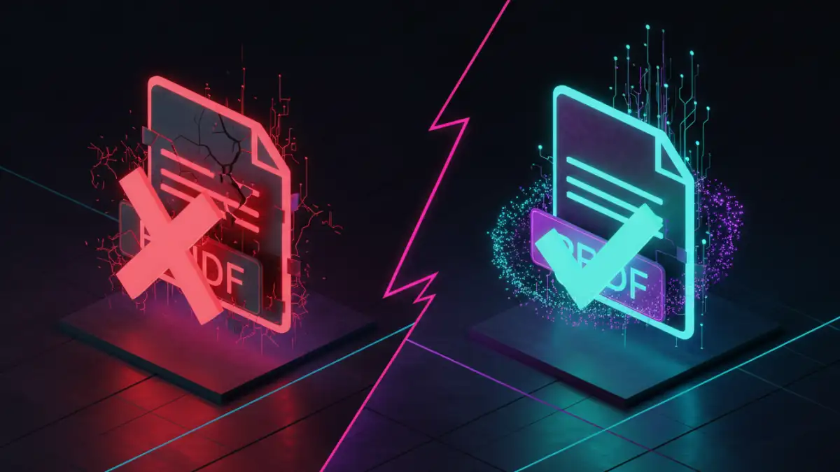 failed to load pdf document failed to load pdf document - A visual comparison of a corrupted PDF file versus a repaired, working one.