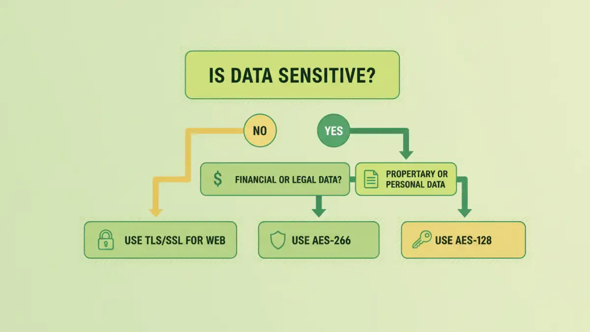 A flowchart showing how to choose the right file encryption level based on data sensitivity.
